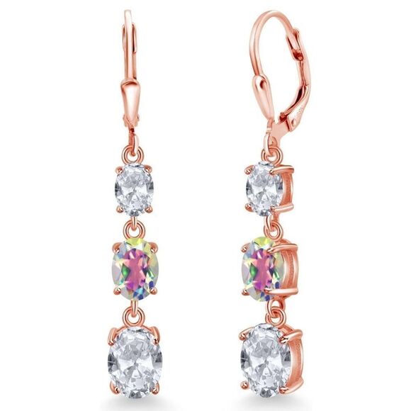 18K Rose Gold with 6.20Cttw 3 Stone Mercury Mist Mystic and White Topaz Earrings